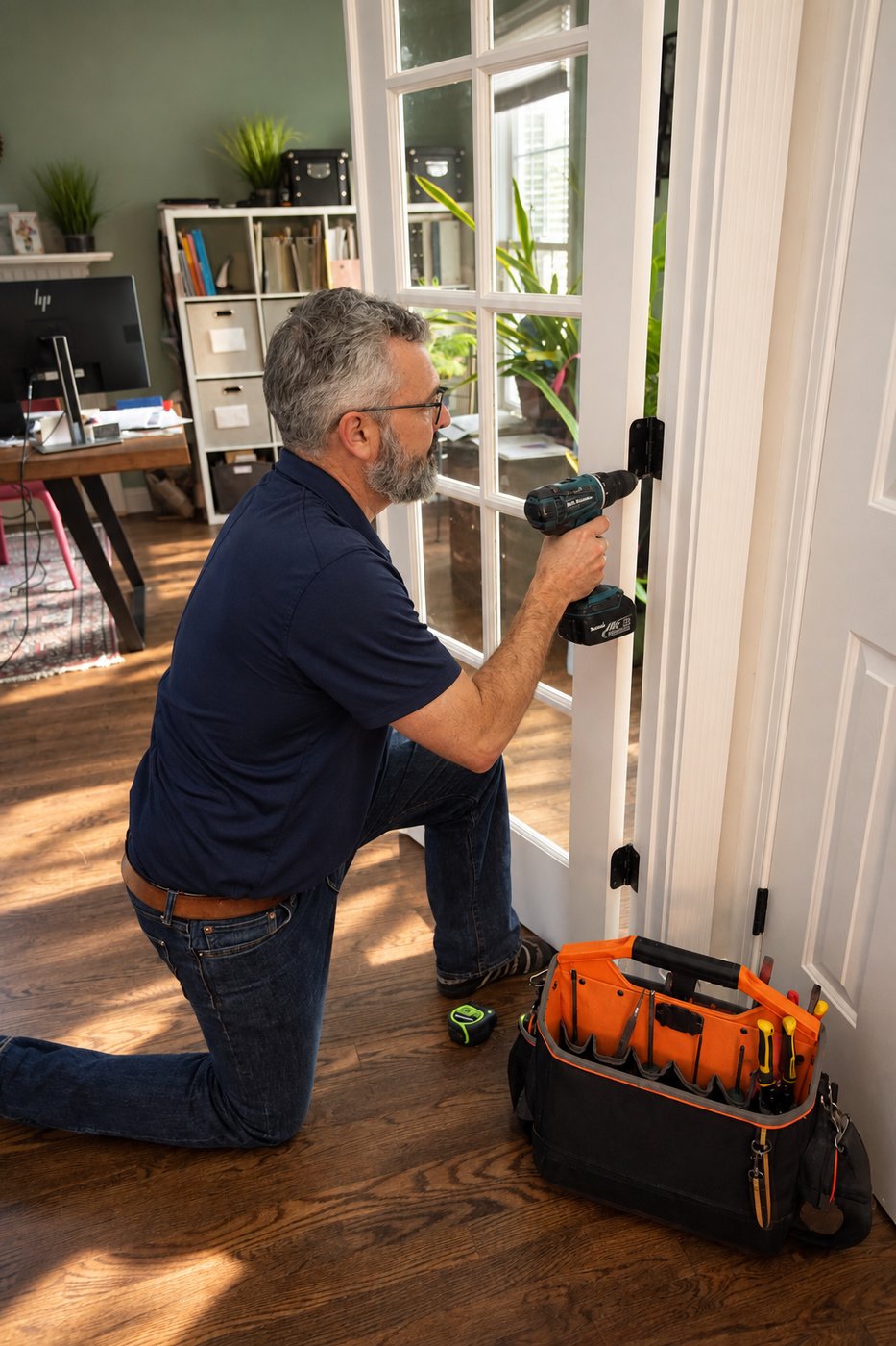 Geoff Hainer installing a door